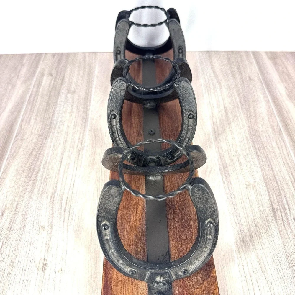 Rustic Horseshoe Candle Holder Cast Iron Wood‎ Base Western Farmhouse Decor